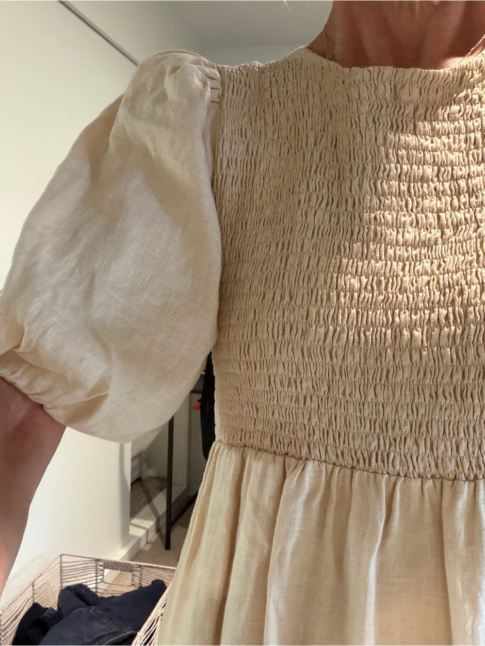 Faithfull the Brand Cream Smocked Midi Dress with Puff Sleeves